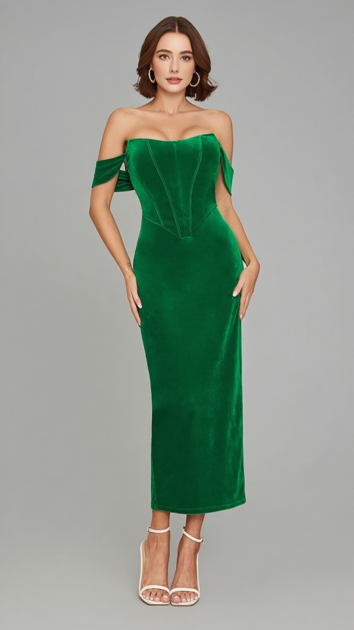 VELVET OFF - SHOULDER CORSET MIDI DRESS IN GREEN