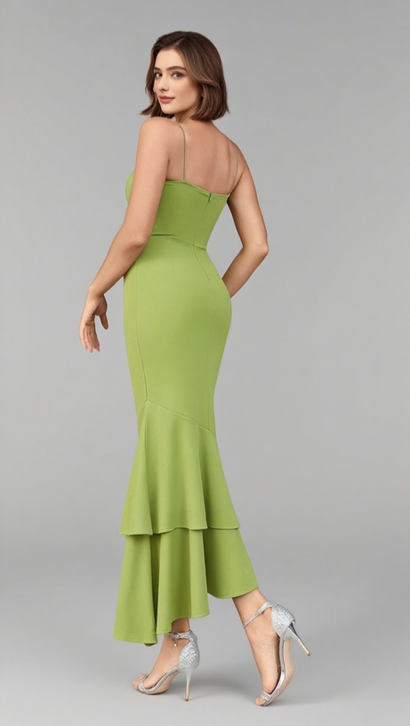 STRAPLESS RUFFLED MERMAID MIDI DRESS IN GREEN