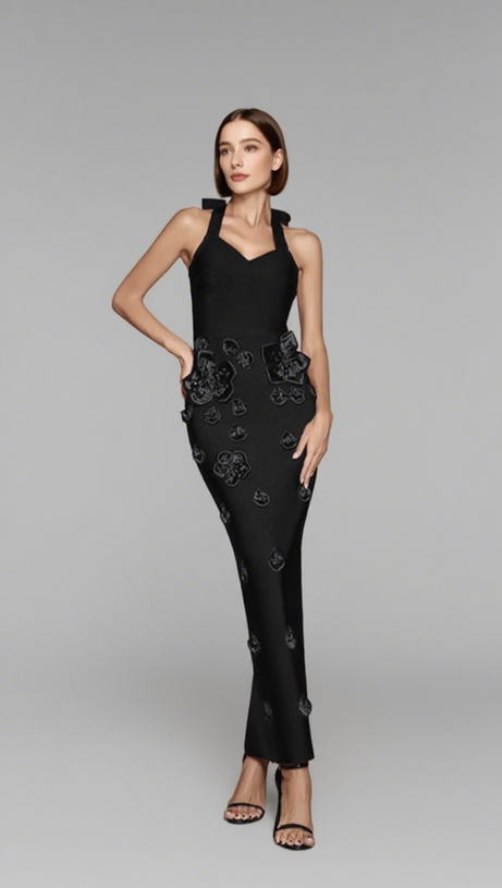 STRAPLESS FLORAL EMBELLISHED MIDI DRESS IN BLACK