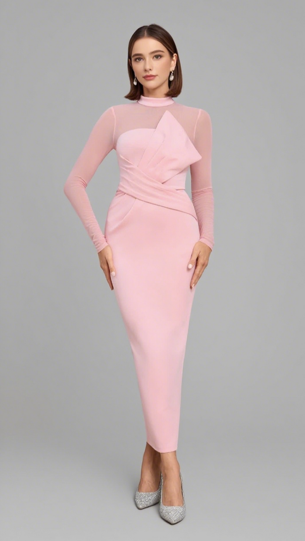 AIIZIE MOCK NECK MESH - SLEEVE BOW - DETAIL MIDI DRESS IN PINK - product image