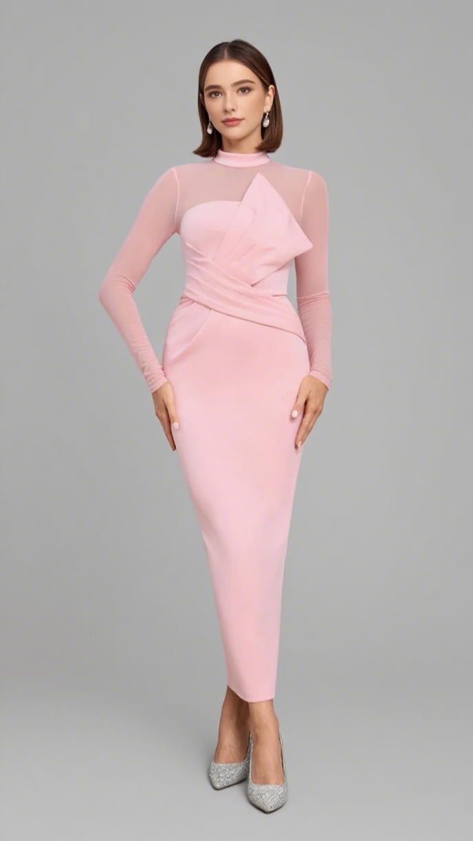 Midikleid mit Stehkragen und Schleife am Ärmel in Pink