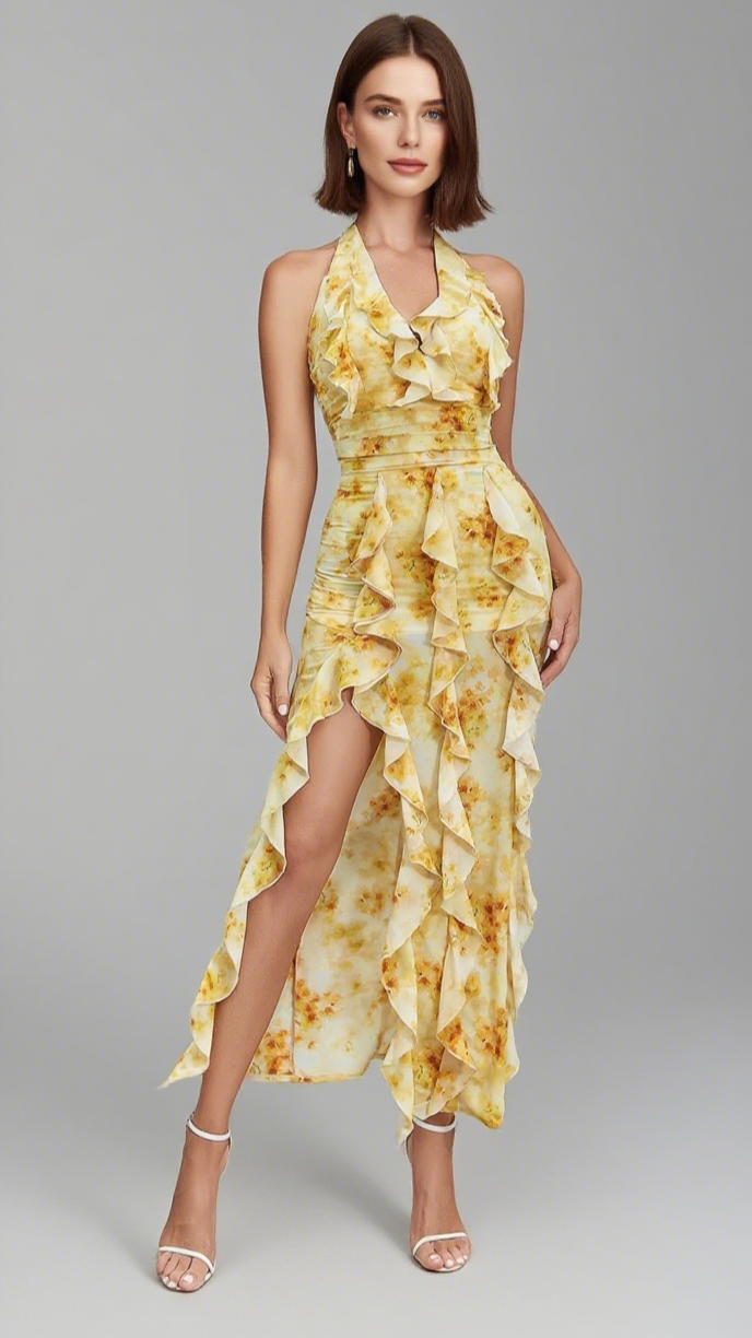 FLORAL RUFFLED HALTER MIDI DRESS IN YELLOW
