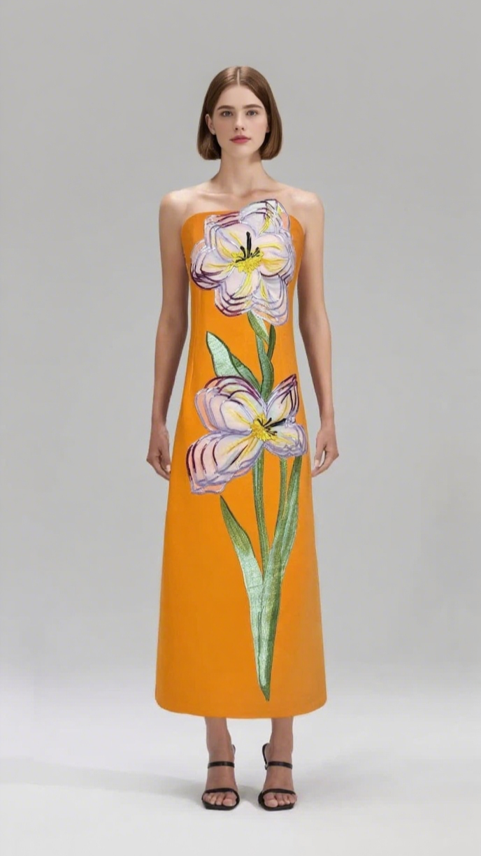 SUZANNE APPLIQUÉ FLORAL BUSTIER MAXI DRESS IN ORANGE