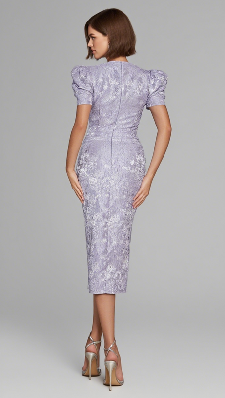 FLORAL - JACQUARD PUFF - SLEEVE MIDI DRESS IN LAVENDER