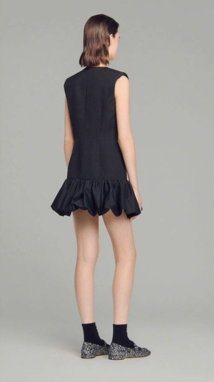 BUTTON FRONT BUBBLE HEM MINI DRESS IN BLACK