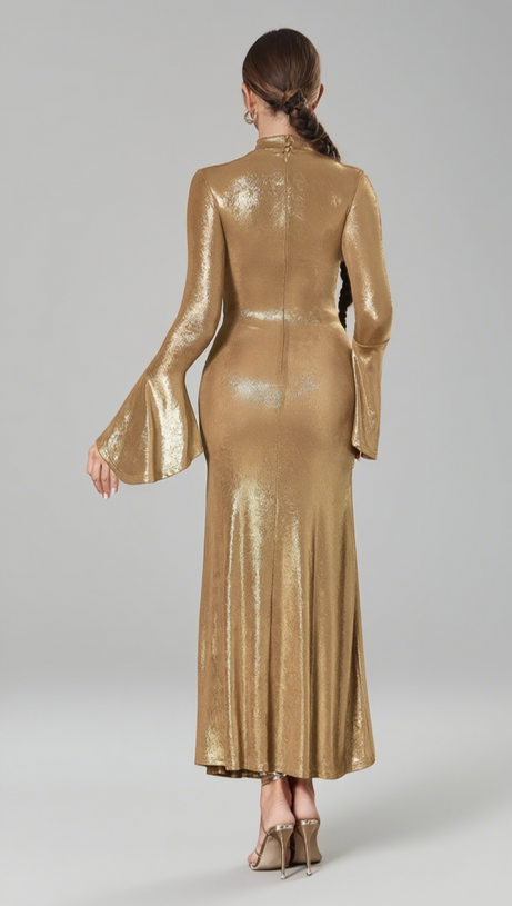 CUT - OUT TWIST FRONT FLARE - SLEEVE MAXI DRESS IN GOLD