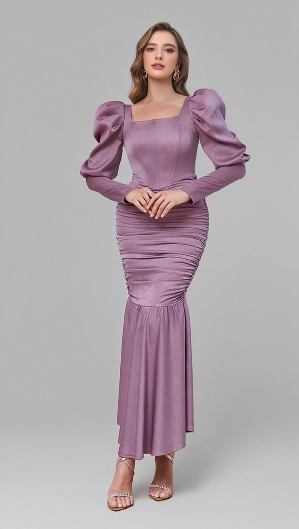 AIIZIE PUFF - SLEEVE RUCHED MERMAID MAXI DRESS IN LILAC - product image