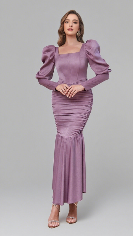 PUFF - SLEEVE RUCHED MERMAID MAXI DRESS IN LILAC
