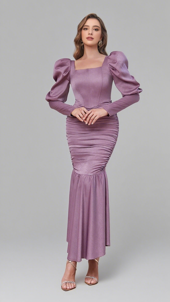 PUFF - SLEEVE RUCHED MERMAID MAXI DRESS IN LILAC
