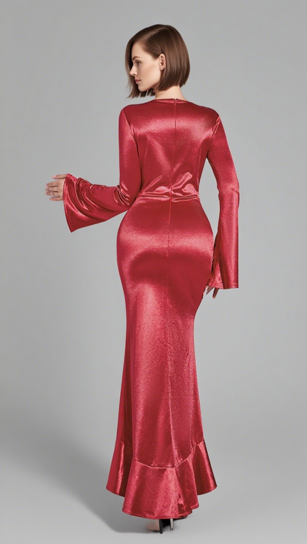 AIIZIE SATIN RUCHED RUFFLE MIDI DRESS IN RED - product image