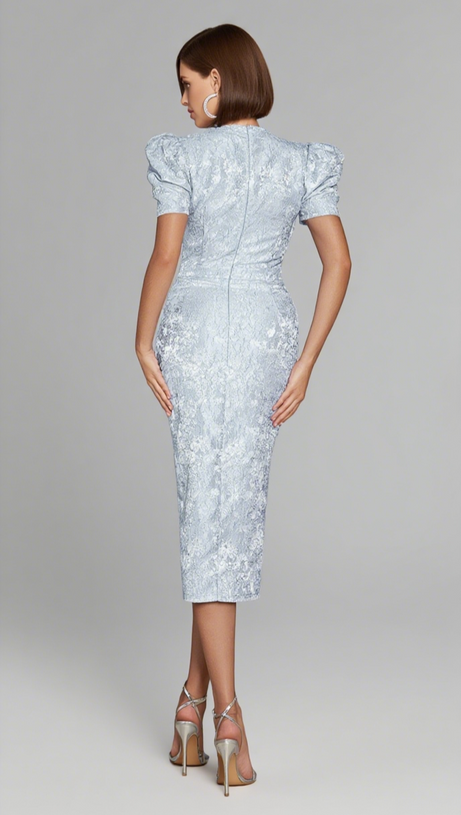 FLORAL - JACQUARD PUFF - SLEEVE MIDI DRESS IN BLUE