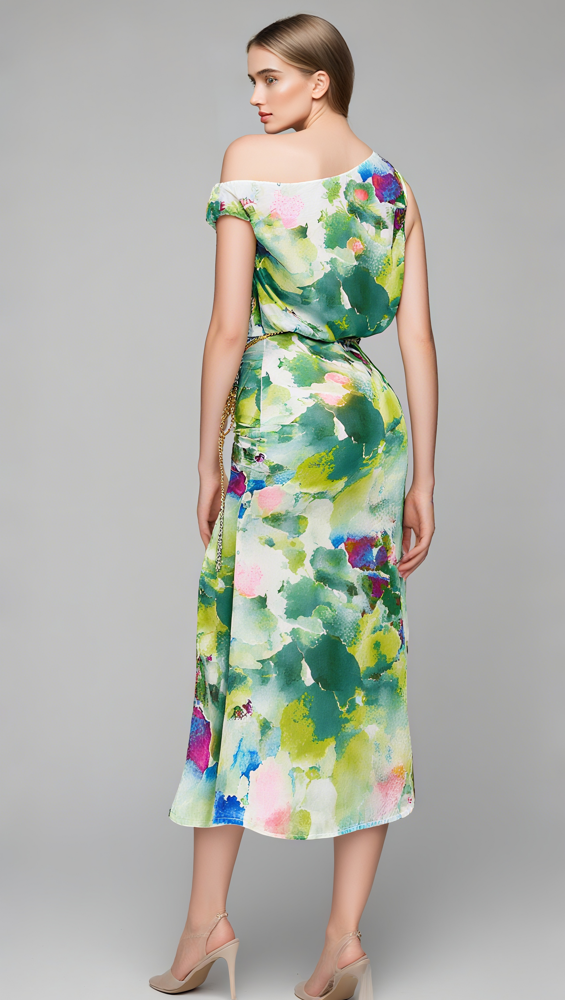 COLORFUL WATERCOLOR ONE - SHOULDER CHAIN - BELTED MIDI DRESS IN GREEN