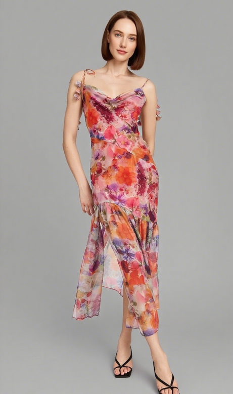 Red Multi Floral Tie Strap Midi Dress
