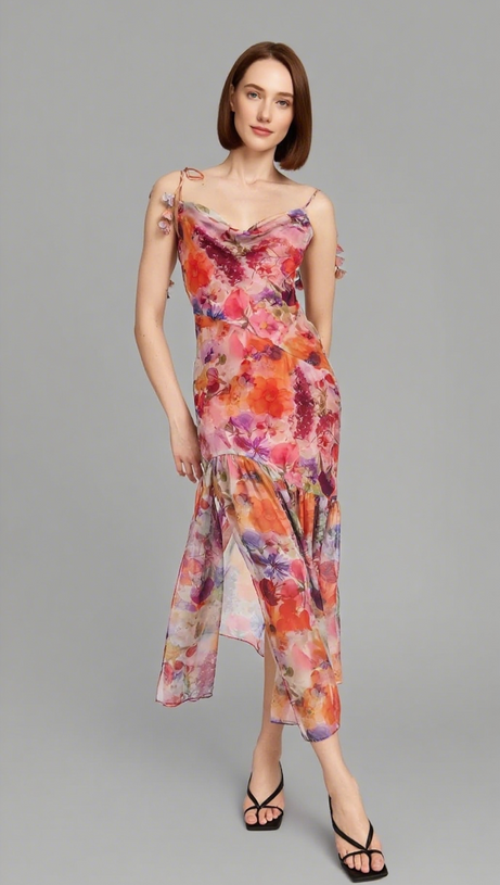 Rotes, mehrfarbiges Midikleid mit Bindebändern und Blumenmuster