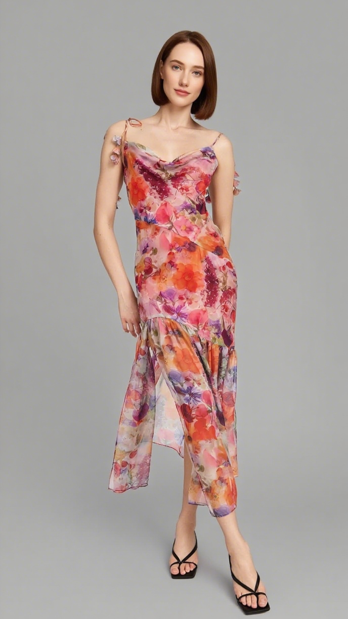Abito midi con spalline annodate e motivo floreale rosso