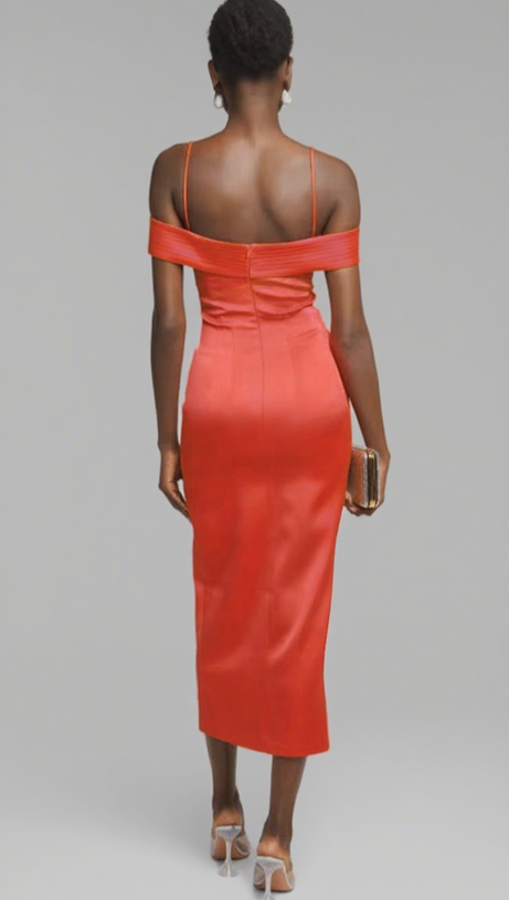 SPAGHETTI - STRAP OFF - SHOULDER SLIT MIDI DRESS IN RED