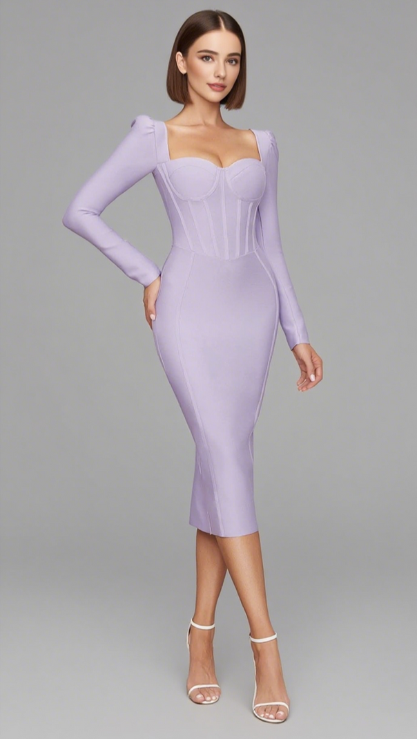 AIIZIE SQUARE - NECK PUFF - SLEEVE CORSET MIDI DRESS IN LILAC - product image