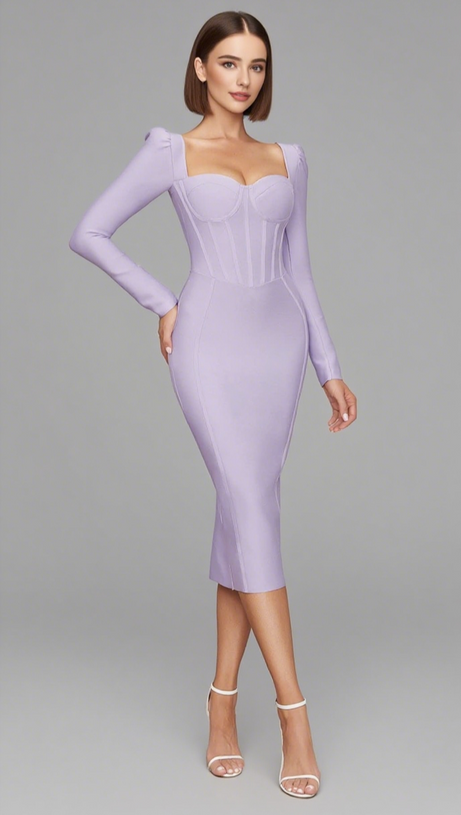 Korsett-Midikleid mit quadratischem Ausschnitt und Puffärmeln in Flieder