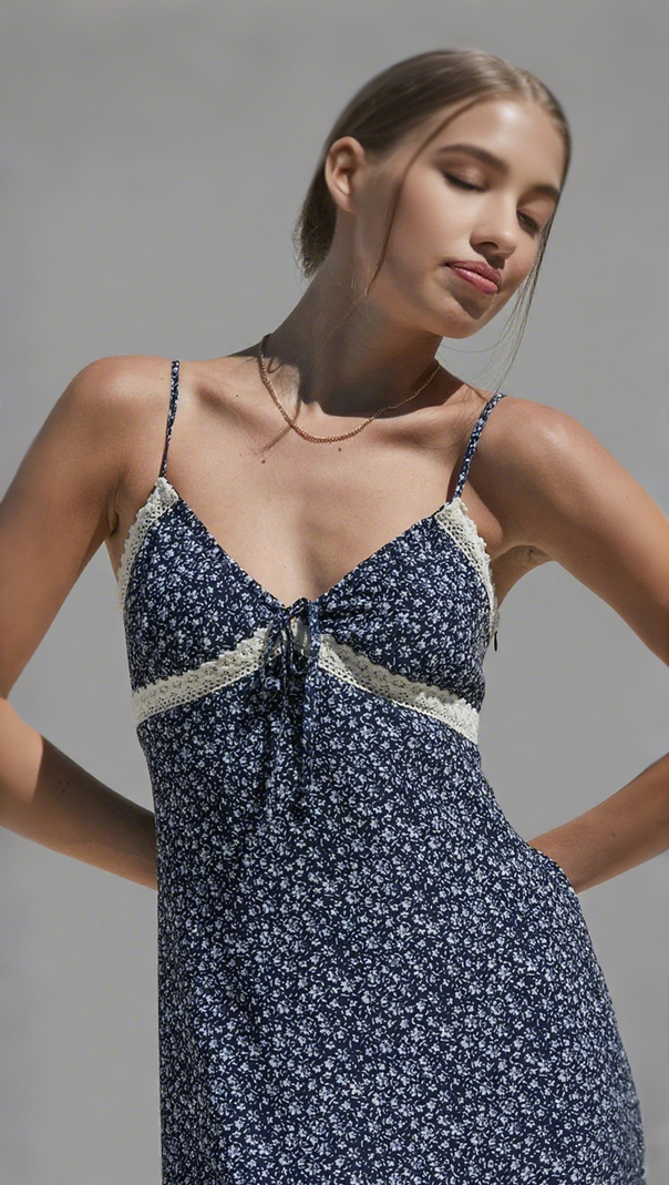 AIIZIE V-NECKLINE FLORAL LACE TRIM MIDI DRESS IN NAVY - product image