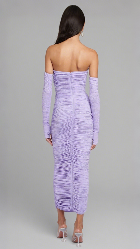 TISA CRYSTAL-EMBELLISHED RUCHED MIDI DRESS