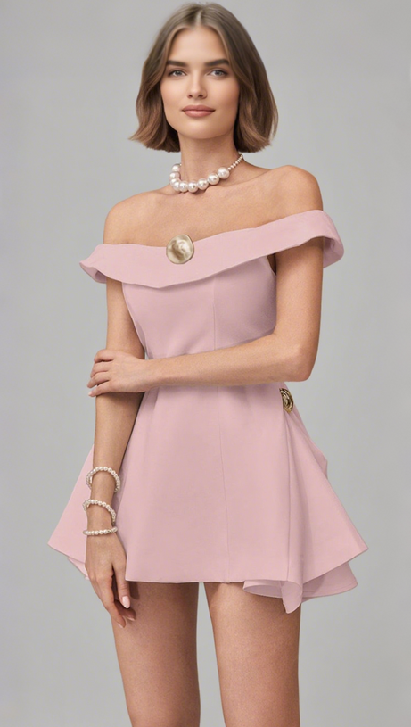 METAL DETAIL A-LINE OFF-SHOULDER MINI DRESS IN PINK