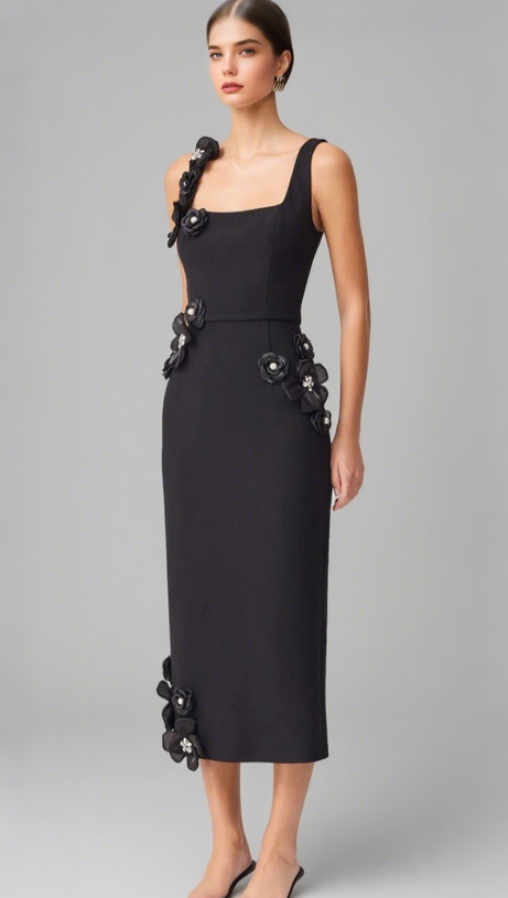SABRINA 3D FLOWER MIDI DRESS IN BLACK