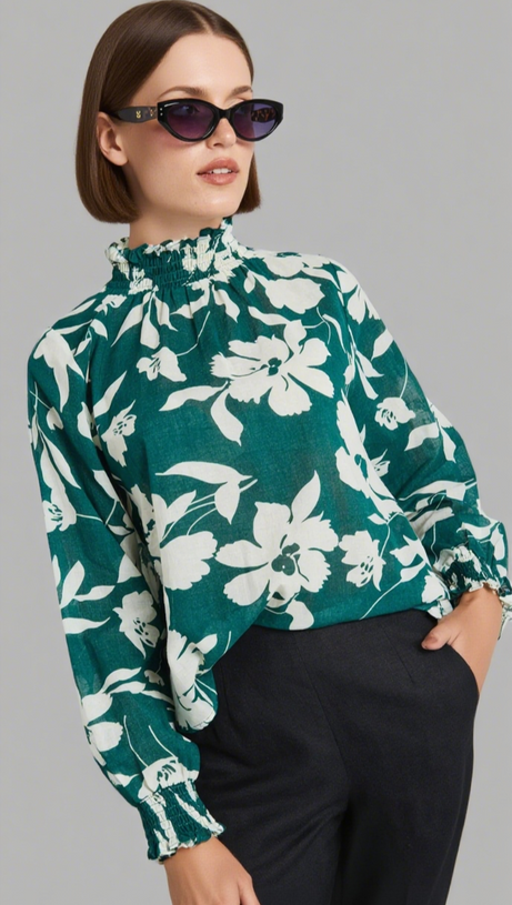 AFFECTION FOREST FLORAL SHIRRED HIGH NECK LS TOP