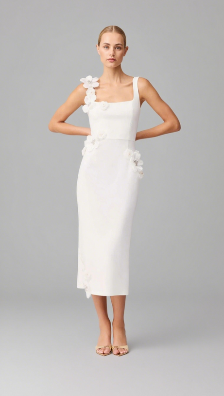SABRINA 3D FLOWER MIDI DRESS IN WHITE