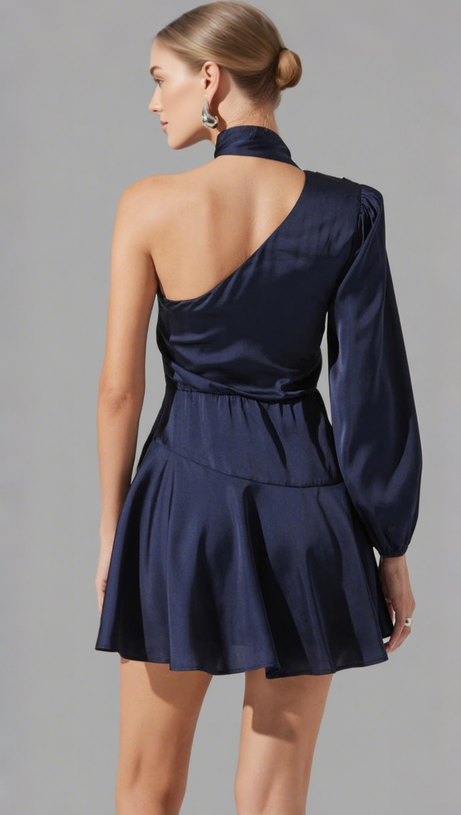 DEEP BLUE SATIN SCARF MINI SKATER DRESS