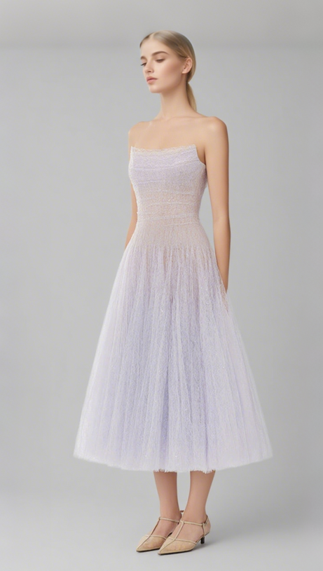 VIOLET DRAPED LACE MIDI DRESS