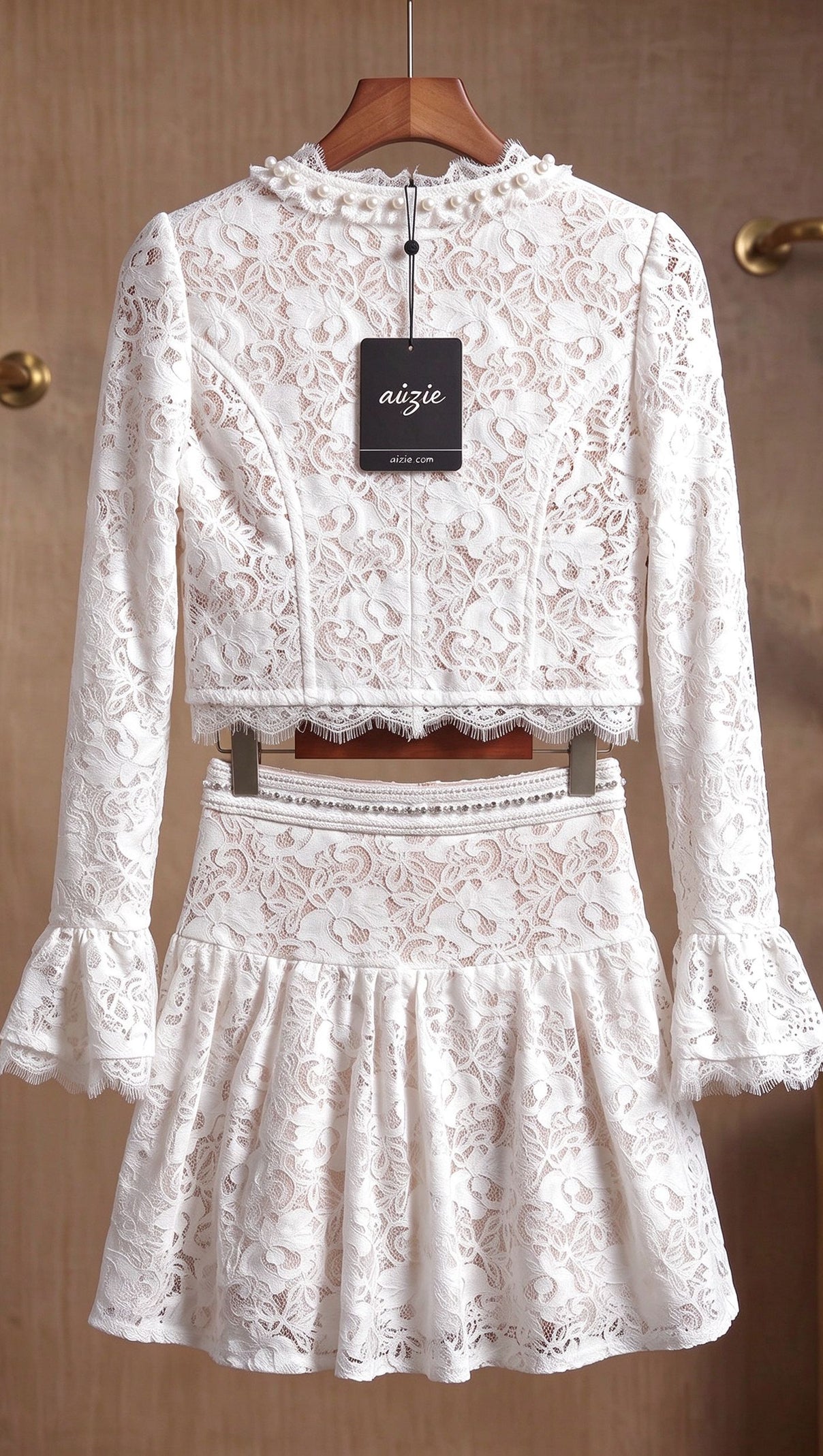 White Floral Corded Lace Fitted Cropped Jacket with Flared Mini Skirt Two-Piece Set