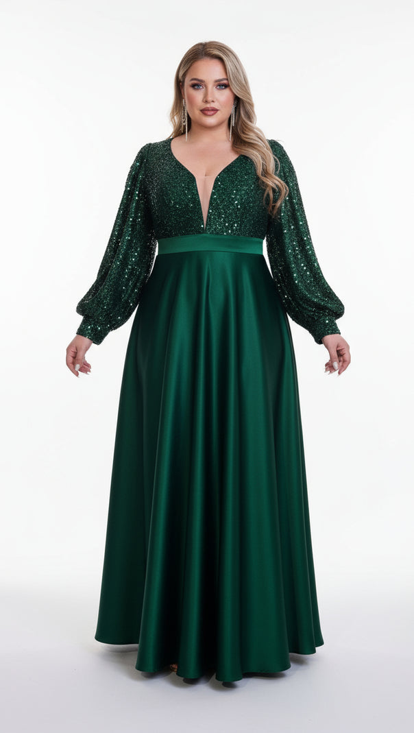 AIIZIE HENDRIKA DAZZLING EMERALD GREEN SEQUIN PLUS SIZE MAXI DRESS WITH LONG SLEEVES - product image