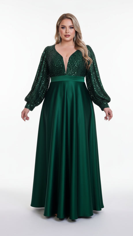 HENDRIKA DAZZLING EMERALD GREEN SEQUIN PLUS SIZE MAXI DRESS WITH LONG SLEEVES