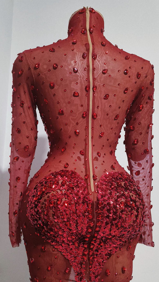 AIIZIE Jandina Dazzling Red Sequin & Diamante Mini Dress | Sheer Heart Party Glamour - product image