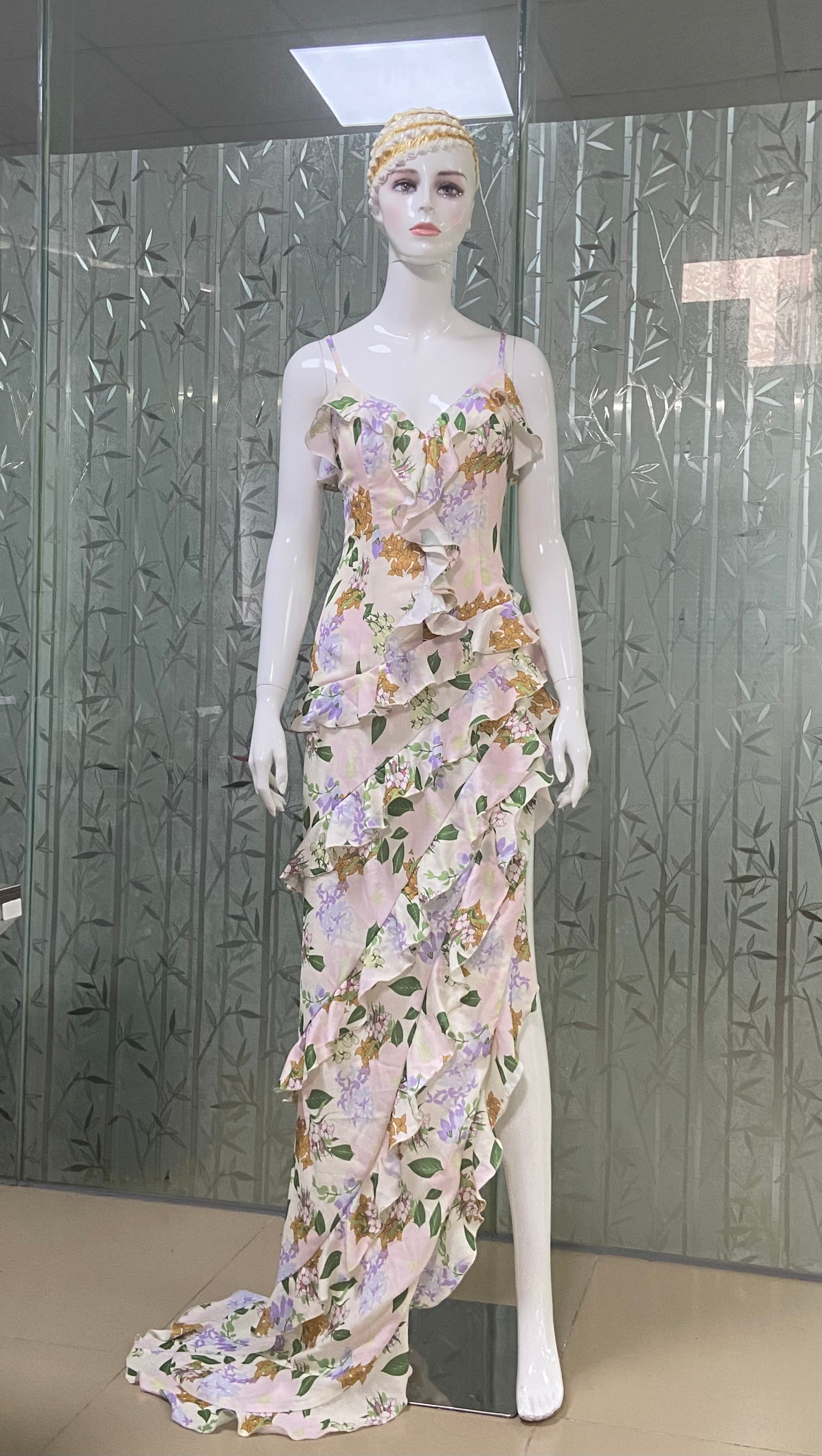 ASYMMETRICAL RUFFLED FLORAL DRAPED MAXI DRESS IN BEIGE