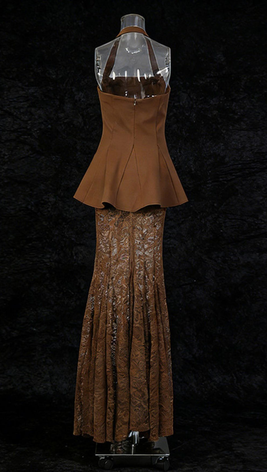 Janiah Elegant Halter Peplum Top & Bronze Lace Maxi Skirt Set