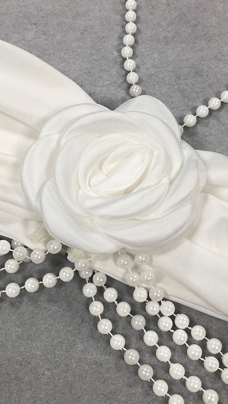 BELEN HIGHT SLIT PEARL HALTER MIDI DRESS IN WHITE