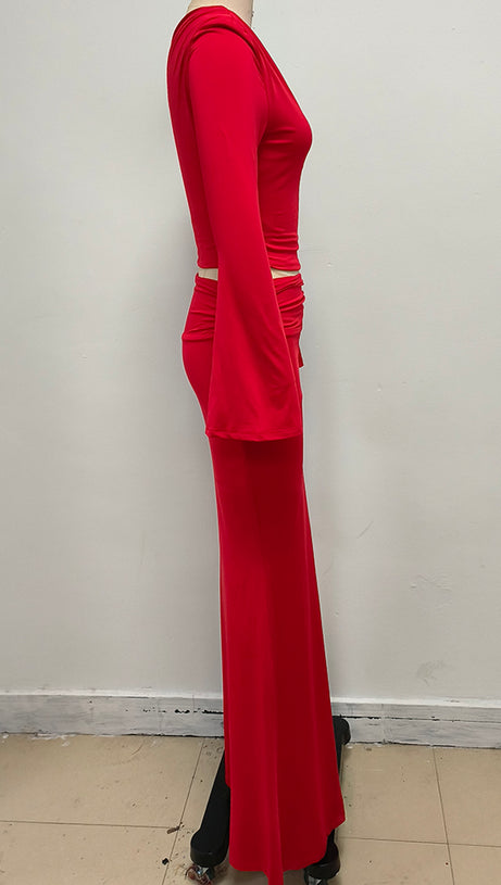 SLANT COLLAR HIGH WAIST SLIM LONG SKIRT RED SUIT