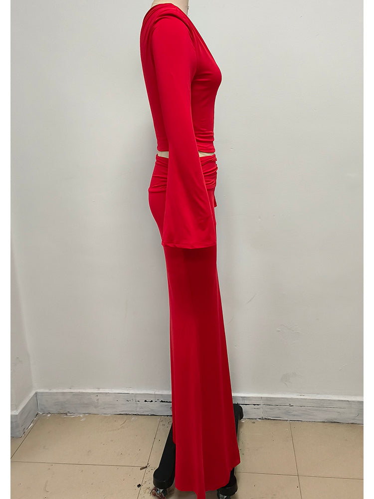 AIIZIE SLANT COLLAR HIGH WAIST SLIM LONG SKIRT RED SUIT - product image
