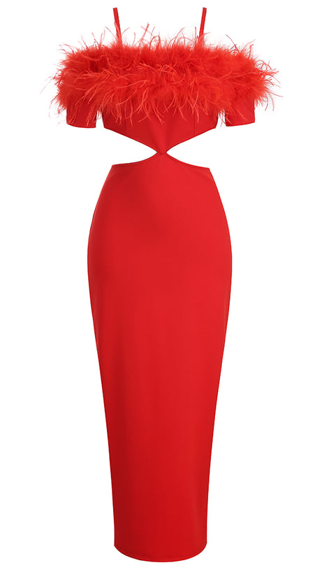 OFF-SHOULDER FEATHER PANEL RED DRESS