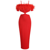 Off-shoulder feather panel red dress