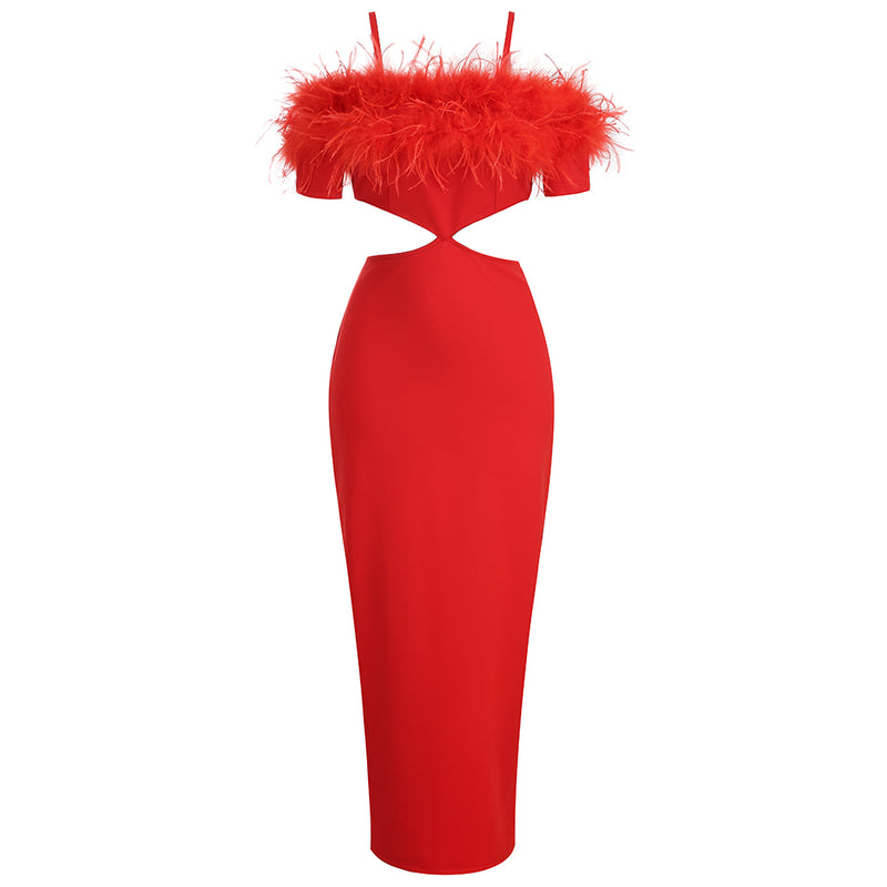 Off-shoulder feather panel red dress