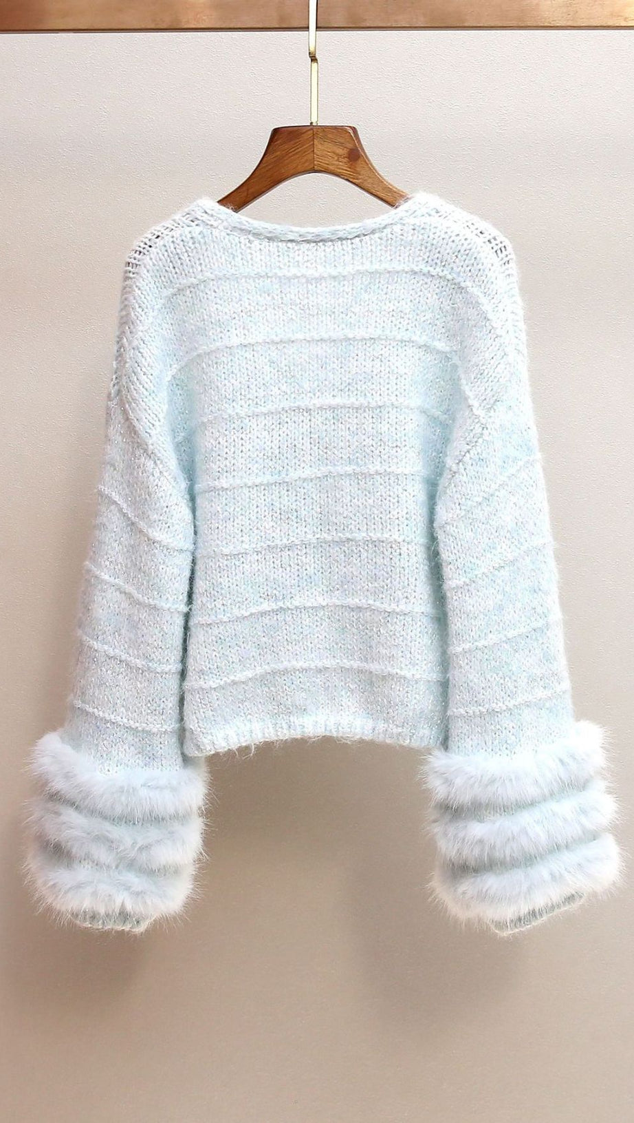 Joanie Luxe Blue Plush Knit Cardigan with Faux Fur Trim for Women