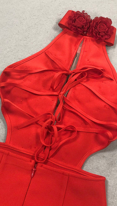 ABITO LUNGO ROSSO CON SCOLLO A V E SCHIENA SENZA SCHIENA, FIORI 3D