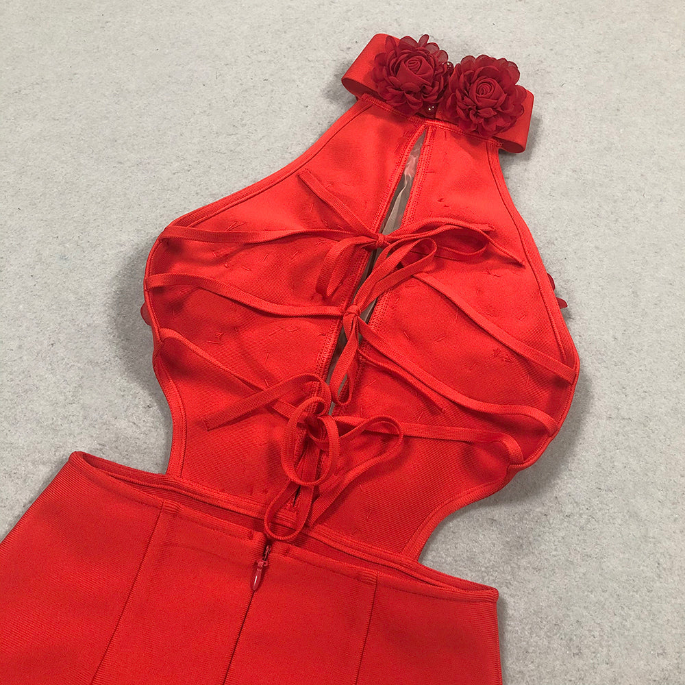 AIIZIE HALTER 3D FLOWER HOLLOW OUT BACKLESS MAXI DRESS IN RED - product image