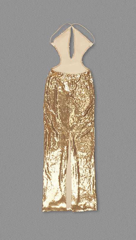 SEQUIN HOLLOW BODYCON MAXI DRESS IN GOLD