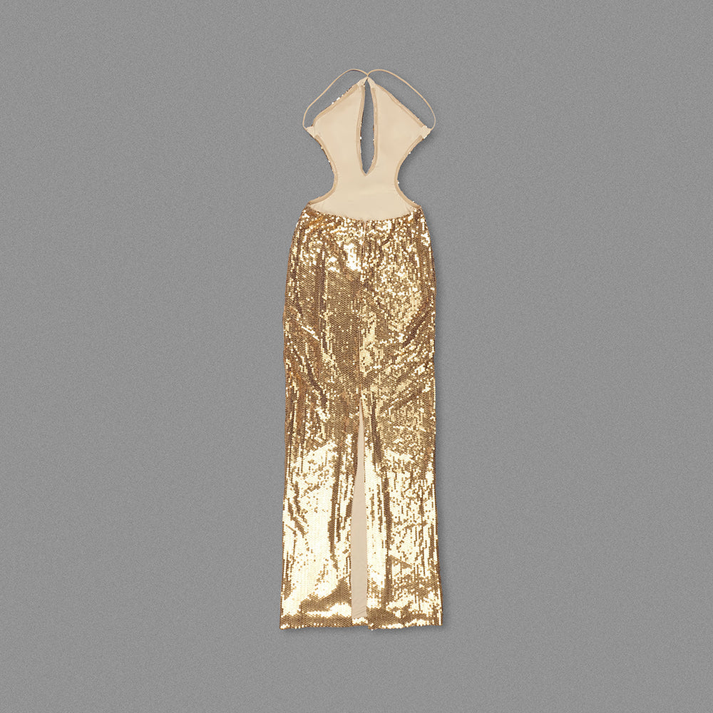 AIIZIE SEQUIN HOLLOW BODYCON MAXI DRESS IN GOLD - product image