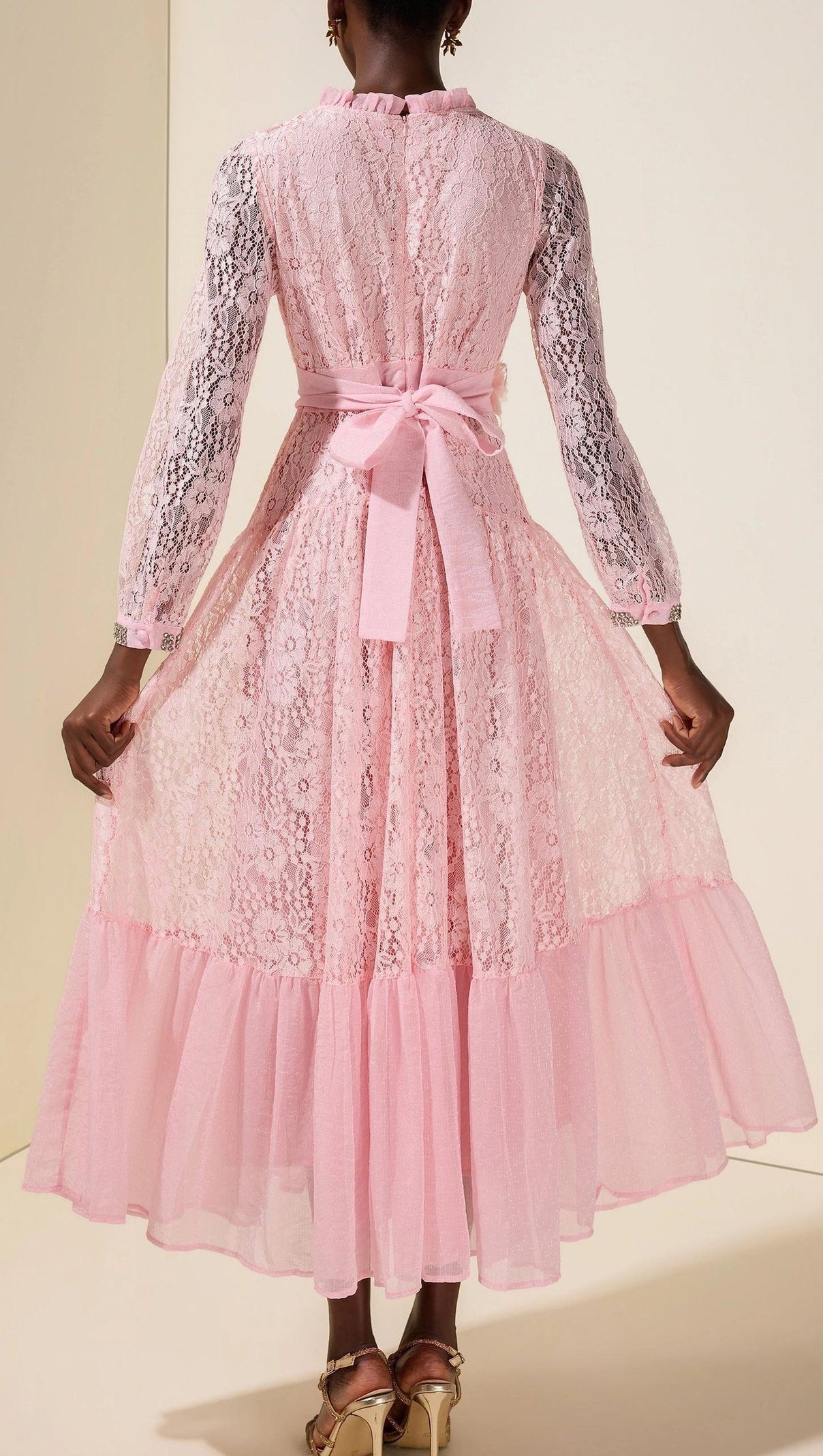 virginia Lace 3D Flower Rhinestone Rivets Midi Dress - pink