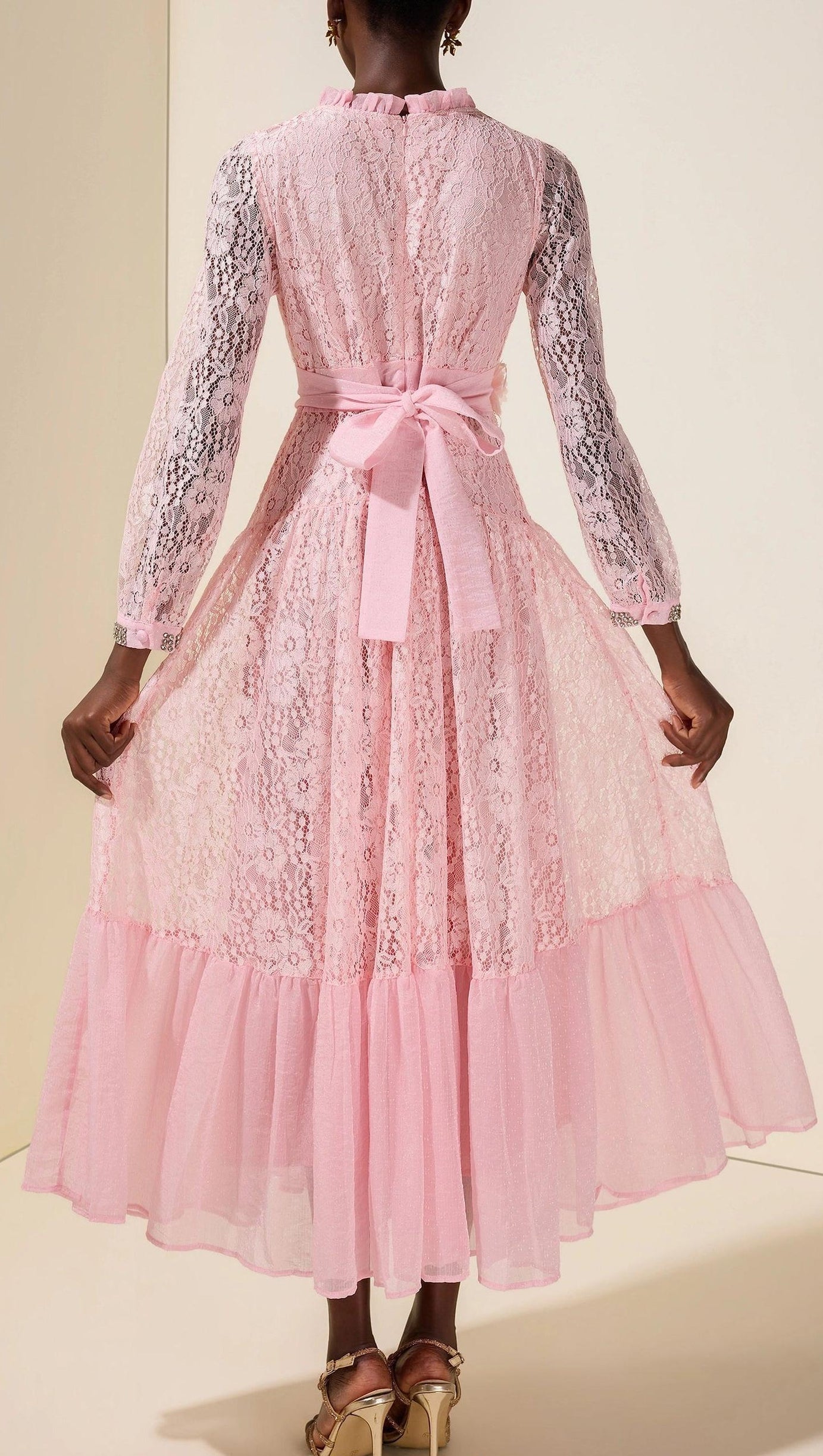 virginia Lace 3D Flower Rhinestone Rivets Midi Dress - pink