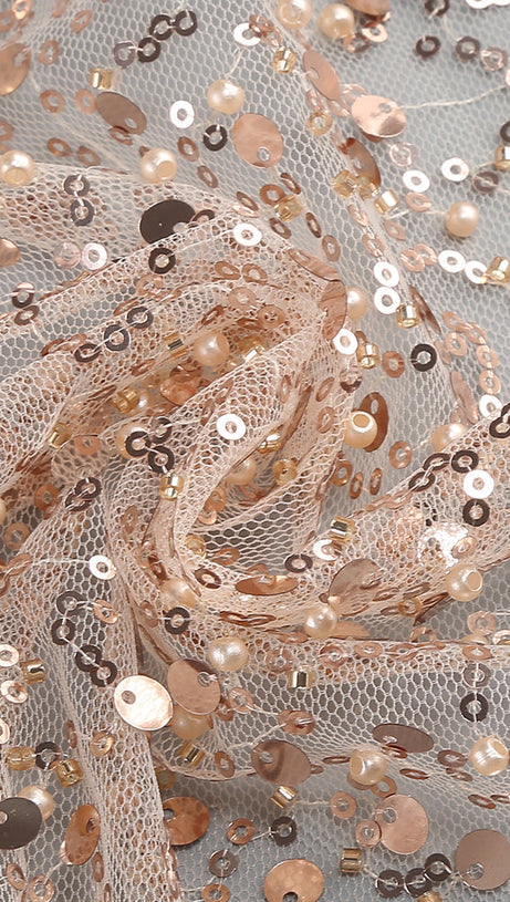 OFF-SHOULDER SEQUIN EMBROIDERED MINI DRESS IN NUDISTE